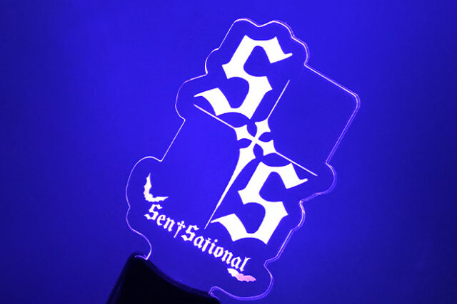 文字と鳥が交差するデザインのアクリルペンライト