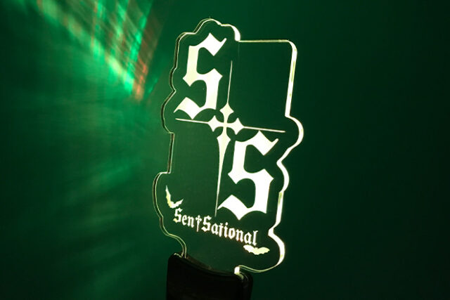 文字と鳥が交差するデザインのアクリルペンライト