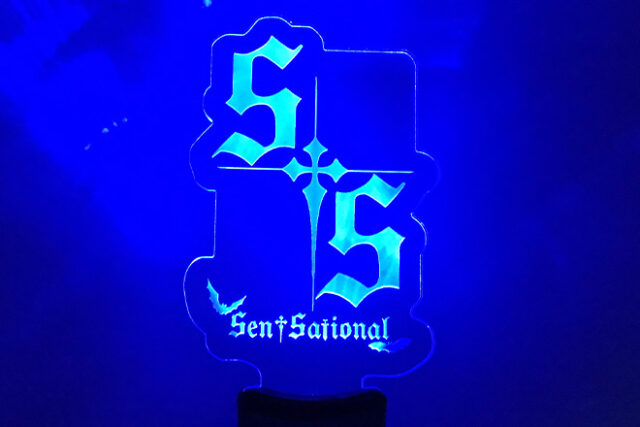 文字と鳥が交差するデザインのアクリルペンライト