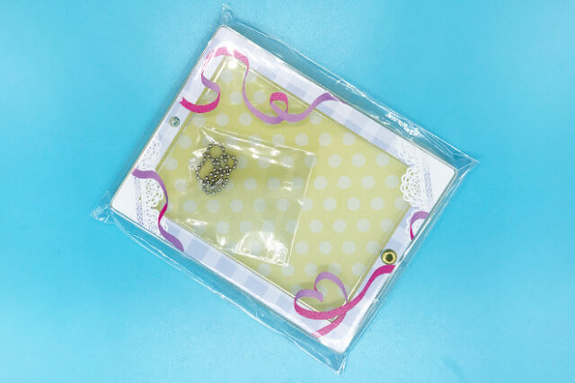 水色のチェック柄と黄色のドット柄が彩るフォトケース